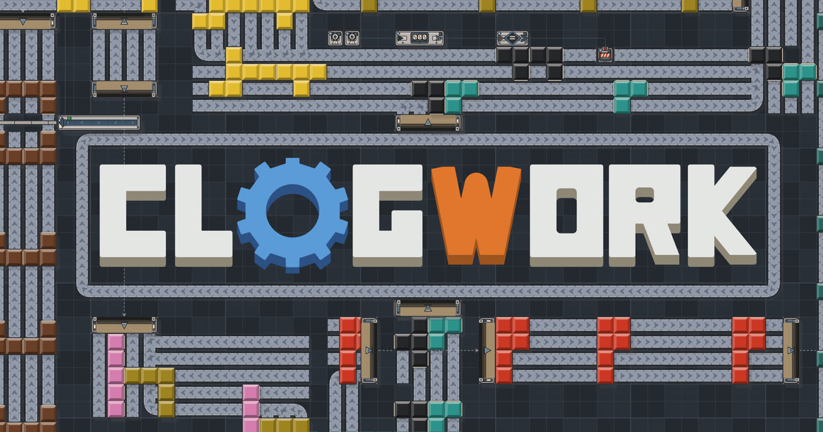 Clogwork key art: the wordmark over a large working factory