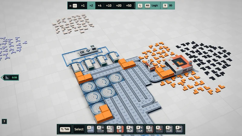 Turntables and logic cables around a line of orange pieces, in the 3D view